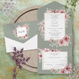 Dusty Rose Floral Sage Green Wedding All In One Einladung