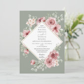Dusty Rose Floral Sage Green Wedding Foto Einladung (Stehend Vorderseite)
