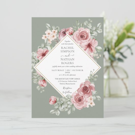 Dusty Rose Floral Sage Green Wedding Foto Einladung (Stehend Vorderseite)