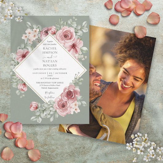 Dusty Rose Floral Sage Green Wedding Foto Einladung