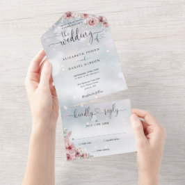 Dusty Rose Floral Script Hearts Winter Wedding All In One Einladung
