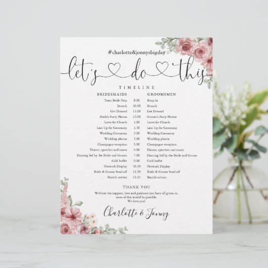 Dusty Rose Floral Script Wedding Zeitplan Timeline (Stehend Vorderseite)