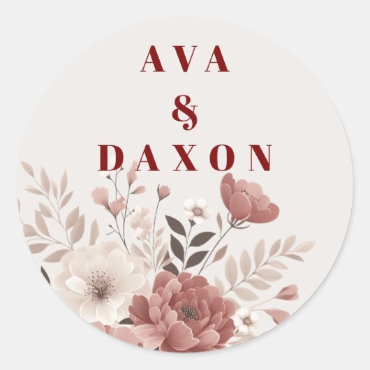 Dusty Rose Floral Wedding Classic Round Sticker (Vorderseite)
