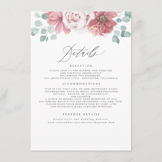 Dusty Rose Floral Wedding Information Begleitkarte (Vorderseite)