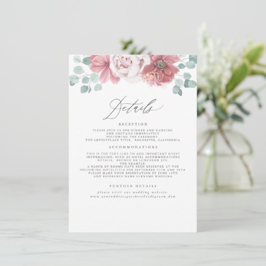 Dusty Rose Floral Wedding Information Begleitkarte (Stehend Vorderseite)