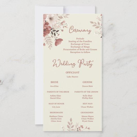 Dusty Rose Floral Wedding Program Card (Rückseite)