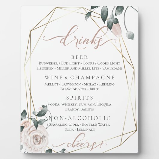 Dusty Rose Floral Wedding Reception Bar Menu Fotoplatte (Vorderseite)