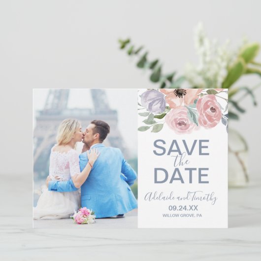 Dusty Rose Florals Foto Save the Date Card (Stehend Vorderseite)