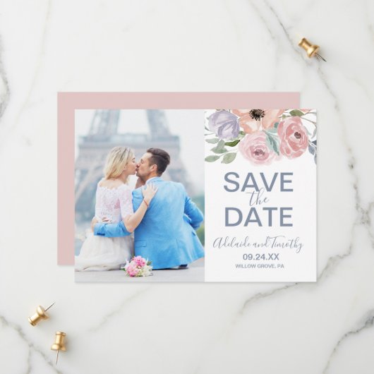 Dusty Rose Florals Foto Save the Date Card (Vorderseite/Rückseite Beispiel)