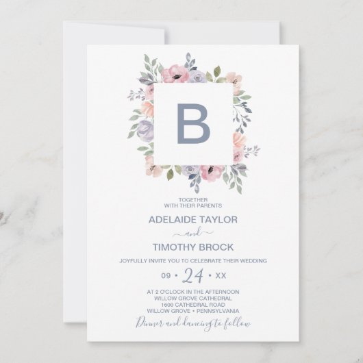 Dusty Rose Florals Monogram Wedding Einladung (Vorderseite)