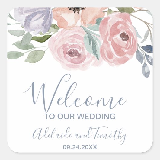 Dusty Rose Florals Wedding Willkommen Quadratischer Aufkleber (Vorderseite)