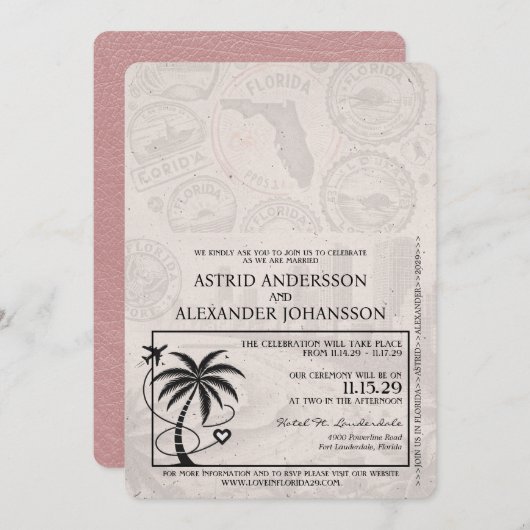 Dusty Rose Florida Passport Hochzeit Einladung (Vorne/Hinten)