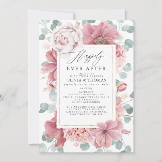 Dusty Rose Flowers Happily Ever After Wedding Einladung (Vorderseite)