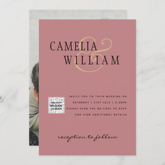Dusty ROSE Foto Wedding Invite QR Code Rett Datum Einladung (Vorne/Hinten)