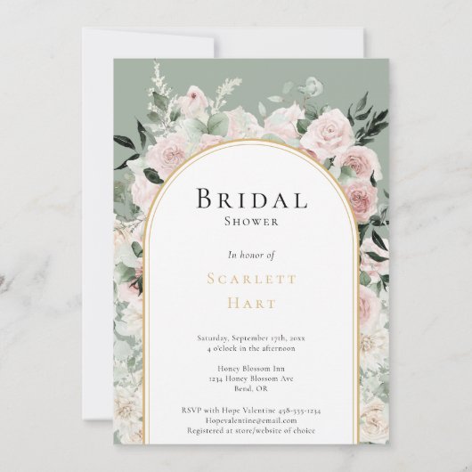 Dusty Rose Gold Arch Sage Foto Brautparty Einladung (Rückseite)