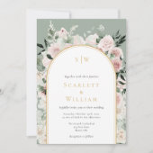 Dusty Rose Gold Arch Sage Green Monogram Wedding Einladung (Vorderseite)