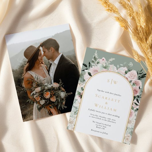 Dusty Rose Gold Arch Sage Monogram Foto Hochzeit Einladung