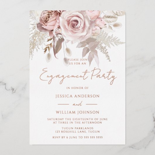 Dusty Rose Gold Blush Floral Engagement Party Folieneinladung (Vorderseite)