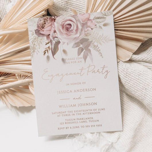 Dusty Rose Gold Blush Floral Engagement Party Folieneinladung