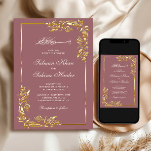 Dusty Rose Gold Floral Border Islamic Wedding Einladung