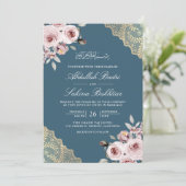 Dusty Rose Gold Lace QR Code Blue Muslim Wedding Einladung (Stehend Vorderseite)