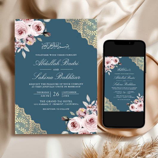 Dusty Rose Gold Lace QR Code Blue Muslim Wedding Einladung