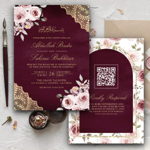 Dusty Rose Gold Lace QR Code Plum Muslim Wedding Einladung