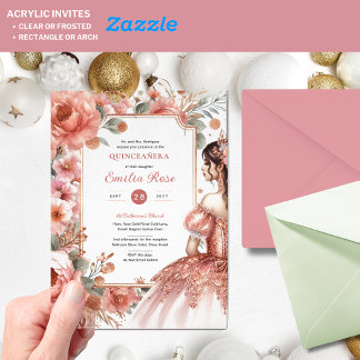 Dusty Rose Gold Quinceñera Kleid Blumenzauber Acryleinladungen