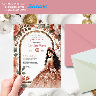Dusty Rose Gold Quinceñera Kleid Blumenzauber Acryleinladungen
