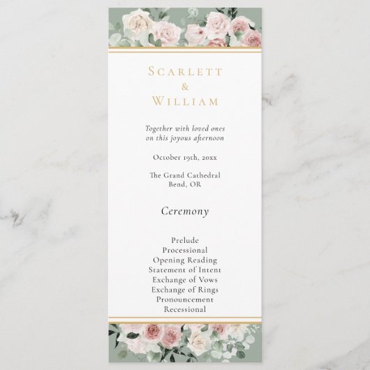 Dusty Rose Gold Sage Green Simple Wedding Programm (Vorderseite)