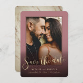 Dusty Rose Gold Script & Marble Foto Overlay Save The Date (Vorne/Hinten)
