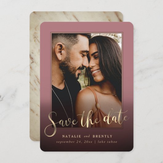 Dusty Rose Gold Script & Marble Foto Overlay Save The Date (Vorne/Hinten)