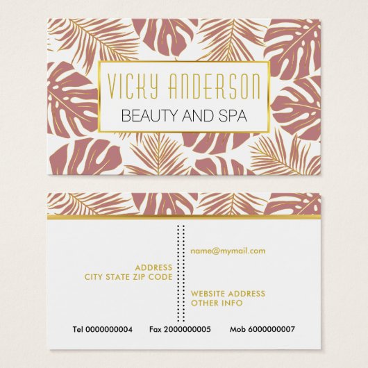 Dusty Rose, Gold tropische Blätter Visitenkarten (Vorne & Hinten)