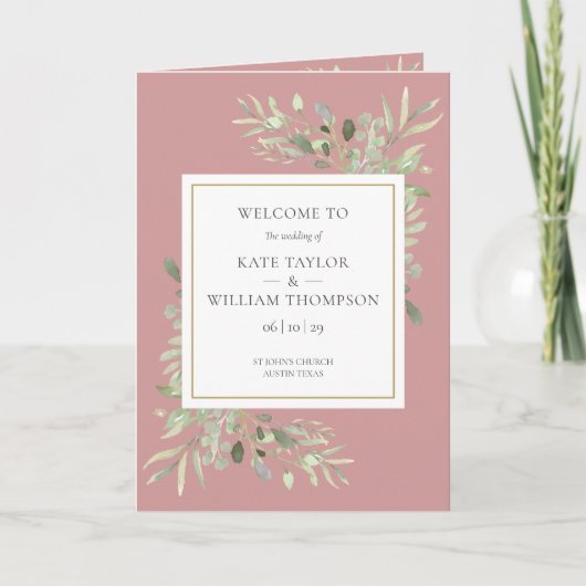 Dusty Rose Greenerity Foliage Wedding Programm (Vorderseite)