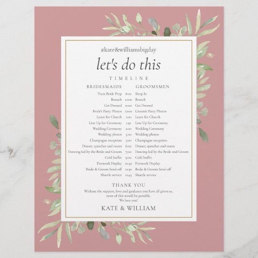 Dusty Rose Greenerity Wedding Zeitplan Timeline (Vorderseite)