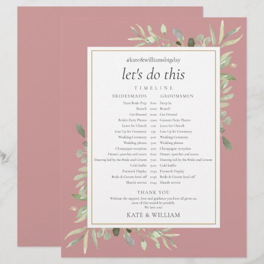 Dusty Rose Greenerity Wedding Zeitplan Timeline (Vorne/Hinten)