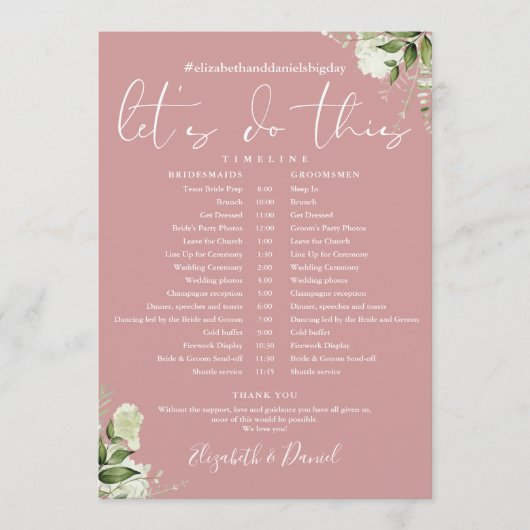 Dusty Rose Greenerity Wedding Zeitplan Timeline Programm (Vorderseite)