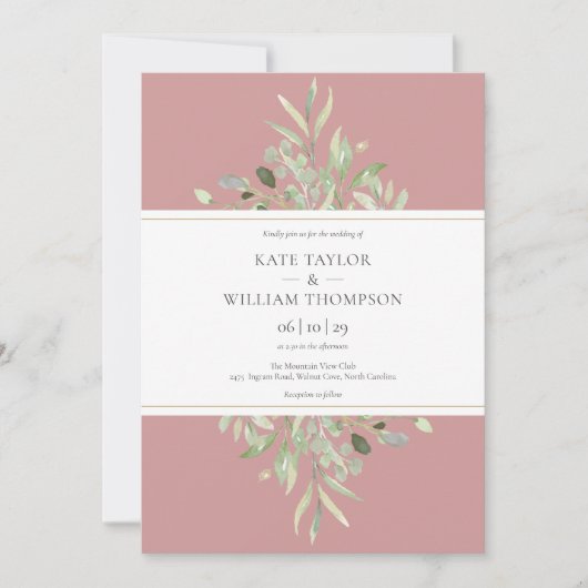 Dusty Rose Greenery Bloral Wedding Einladung (Vorderseite)