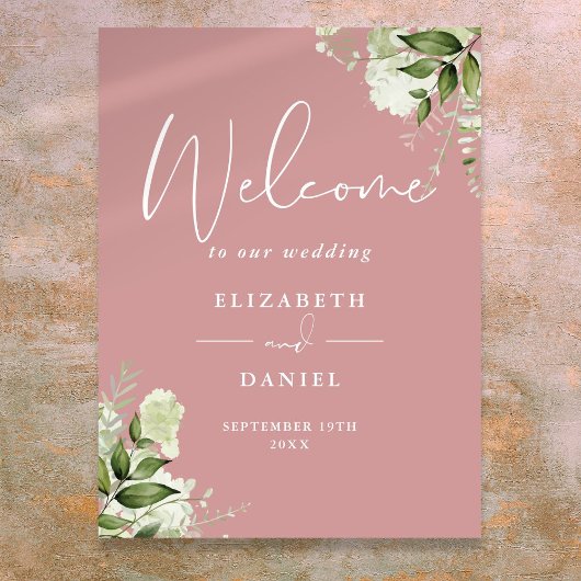 Dusty Rose Greenery Bloral Wedding Willkommenszeic Poster