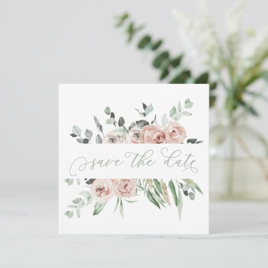 Dusty Rose Greenery Eukalyptus Save the Date Ankündigung (Stehend Vorderseite)