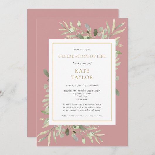 Dusty Rose Greenery Feier des Lebens Beerdigung Einladung (Vorne/Hinten)