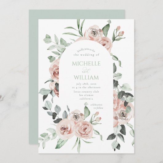 Dusty Rose Greenery Floral Delicate Wedding Einladung (Vorne/Hinten)