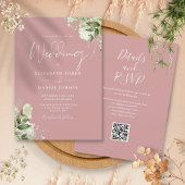 Dusty Rose Greenery Floral QR Code Wedding Einladung