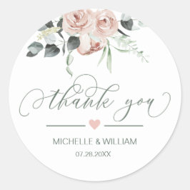 Dusty Rose Greenery Floral Wedding Vielen Dank Runder Aufkleber