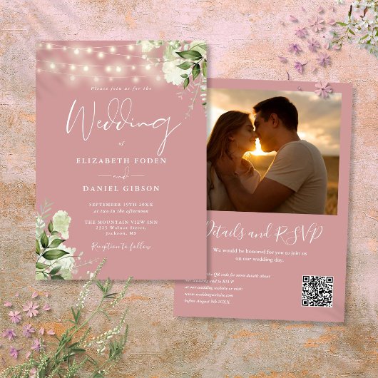 Dusty Rose Greenery Lights QR Code Foto Hochzeit Einladung