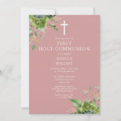 Dusty Rose Greenery Monogram First Holy Communion Einladung (Vorderseite)