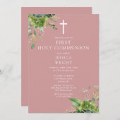 Dusty Rose Greenery Monogram First Holy Communion Einladung (Vorne/Hinten)