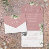 Dusty Rose Greenery Monogram QR Code Wedding All In One Einladung