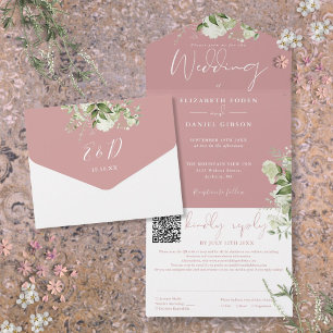 Dusty Rose Greenery Monogram QR Code Wedding All In One Einladung