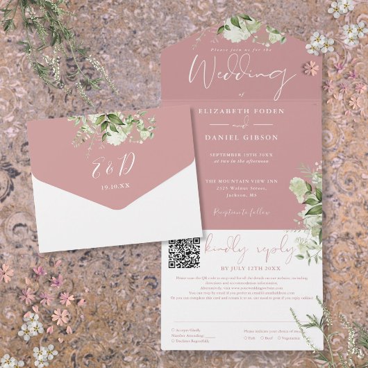 Dusty Rose Greenery Monogram QR Code Wedding All In One Einladung
